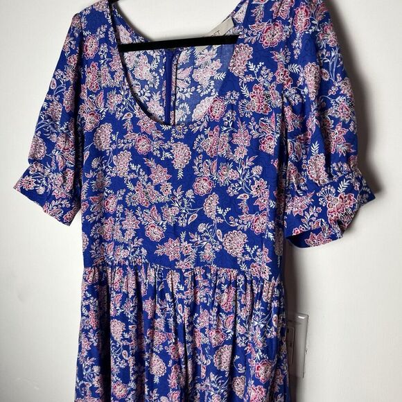LOFT Dress Womens 12 Blue Floral Print Puff Sleeve Midi Scoop Neck​ - Picture 2 of 9
